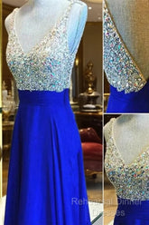 Custom Made A Line V Neck Backless Floor Length Royal Blue Semi Formal Prom Dresses, Blue Formal Dresses, Blue Bridesmaid Dresses